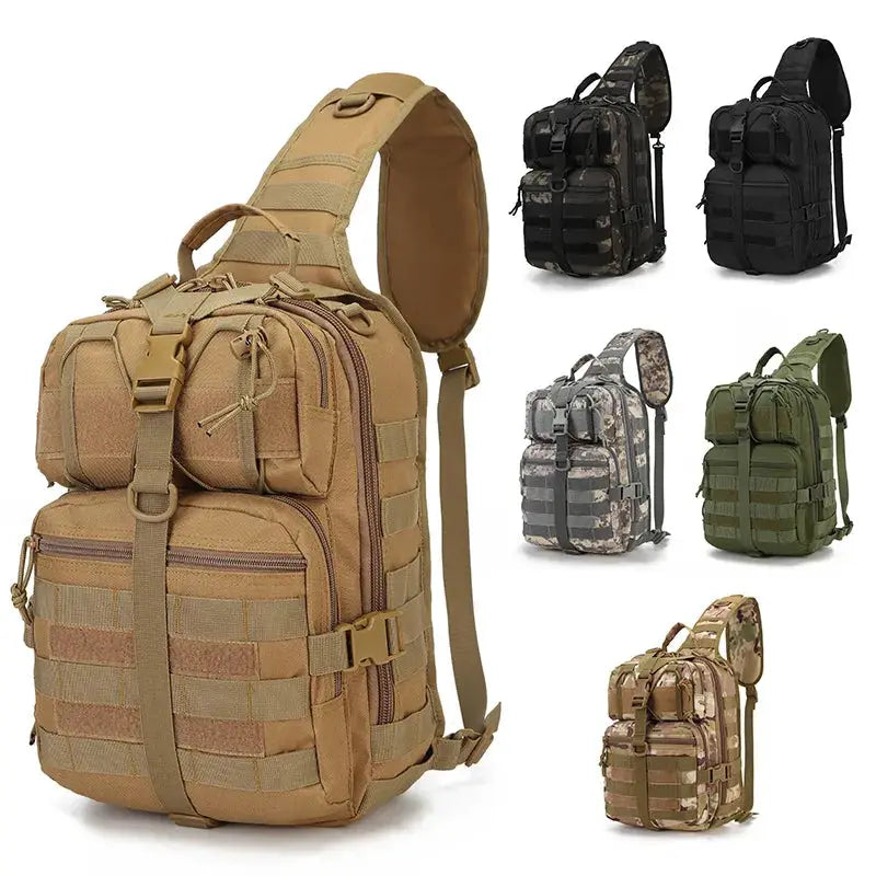Simples Market tactical sling bag; small crossbody Molle daypack in tan, shown with six color variants.