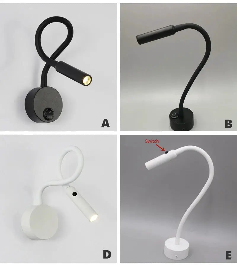LED flexible hose lamp set (4): black and white gooseneck wall and desk lamps
