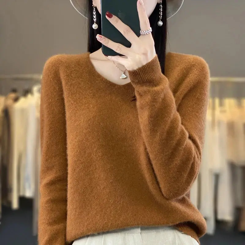 Women's Merino Wool V Neck Pullover Sweater Loose Fit for Autumn and Winter Comfort
