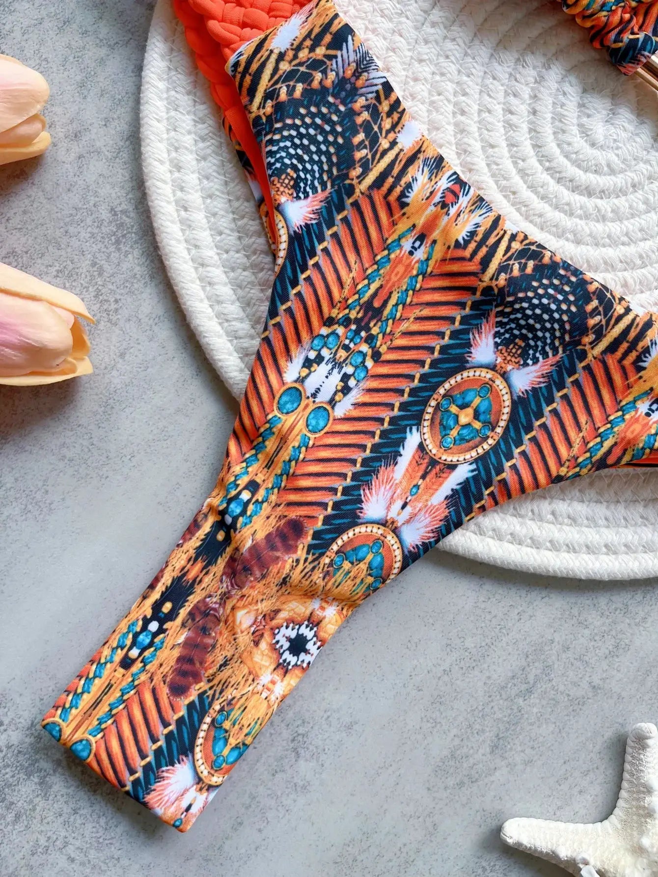 RUOTONSEPT two-piece halter bikini with bold orange-teal print