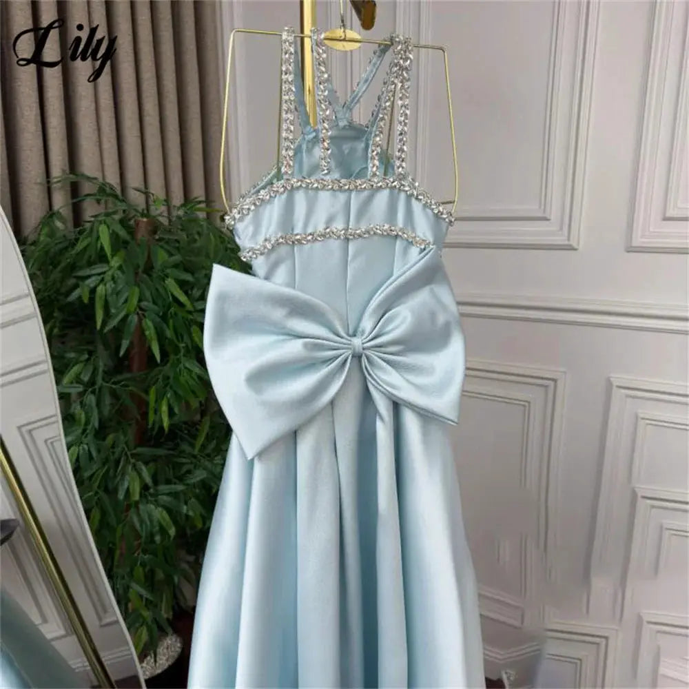 Lily Light Blue Prom Dress With Shiny Beading Halter Detachable Train