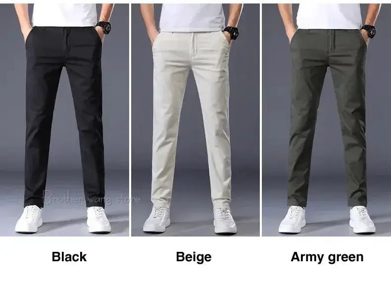 Simples Market men's cotton casual pants in black, beige, or army green; straight slim fit, 3-color options.