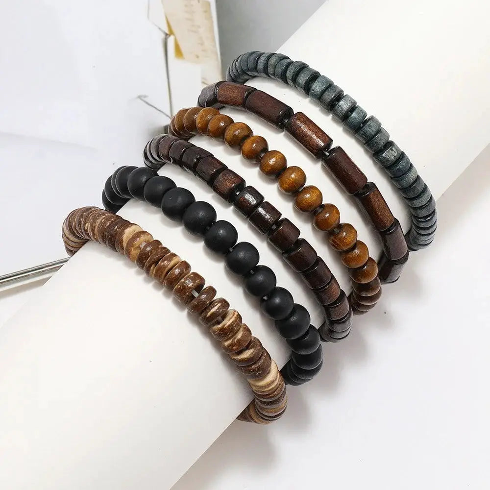 Womens multi-layer Buddha beaded wooden bracelets set, elastic, adjustable, in brown, black matte, gray-green beads.