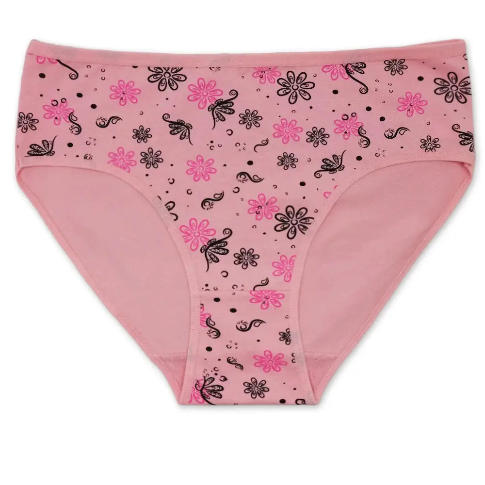 Women's pink cotton briefs with floral print, mid-rise fit.