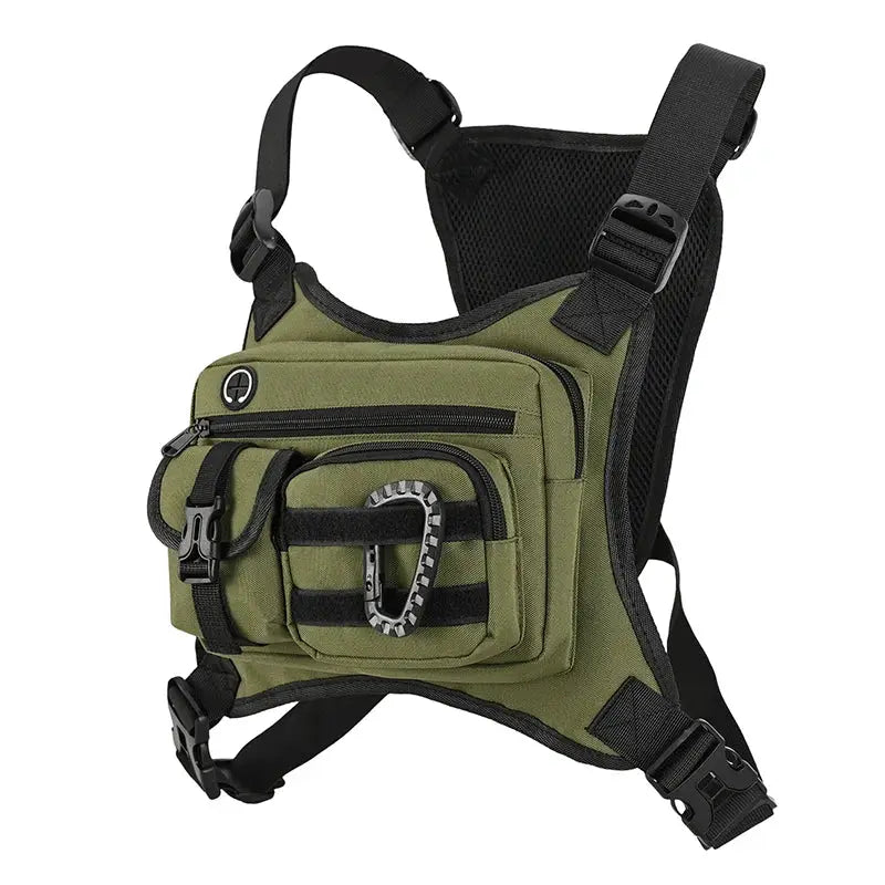 Outdoor tactical chest bag by Simples Market in olive green with multiple front pockets and carabiner.