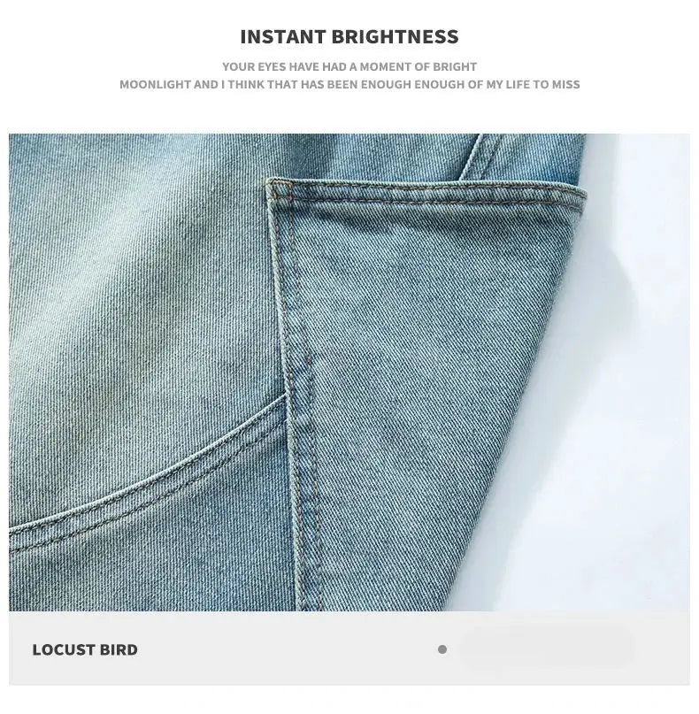 Baggy denim shorts, light-wash with visible pocket seam, Locust Bird label.