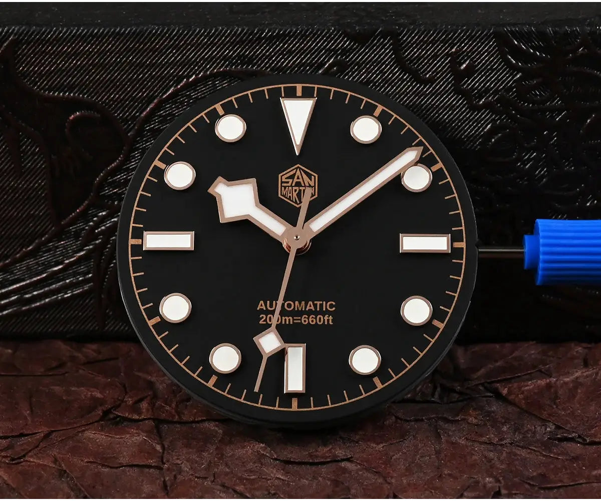 San Martin BB Diver watch; black dial with rose-gold markers and hands, automatic, 200m water resistant