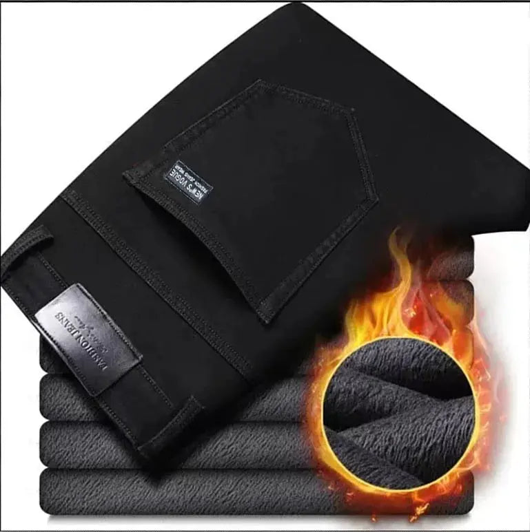 Men's black fleece-lined denim pants by Simples Market; straight stretch, warm winter jeans, plus size