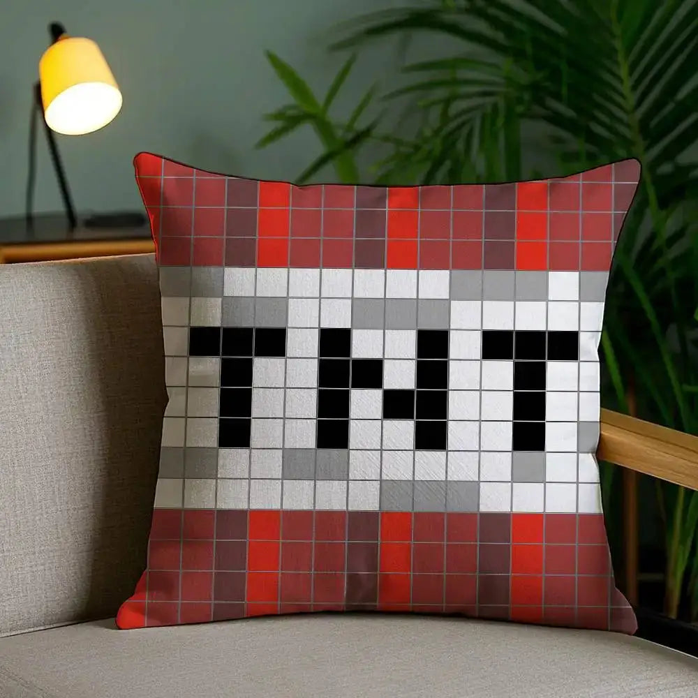 Pillow cover Game T-TNT block explosion; pixel grid pattern in red, gray, white and black on short plush fabric