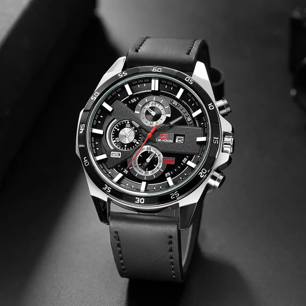 Men's 46mm Sports Style Leather Racing Band Quartz Calendar Watch For Precise Timekeeping