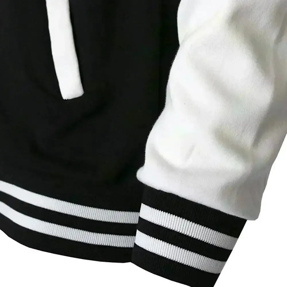 Simples Market varsity baseball jacket; black body with white sleeves and striped cuffs/hem.