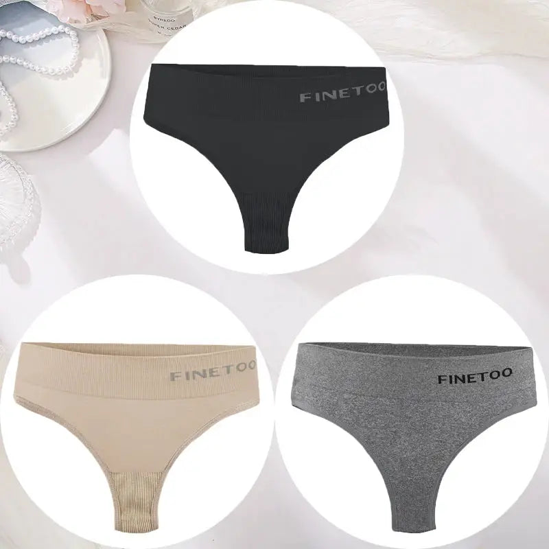 3-pack FINETOO women's seamless high-waist thong panties in black, beige, and gray.