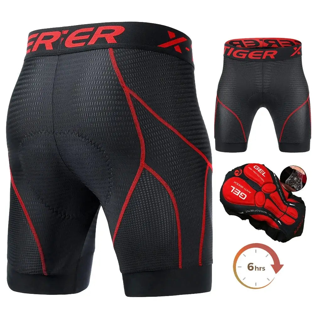 X-TIGER men's cycling shorts with 5D padding, black with red seams and anti-slip leg grips.