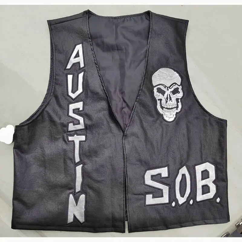 Steve Austin 3:16 smoking skull vest, black leather-style vest with vertical AUSTIN lettering and S.O.B. patch.