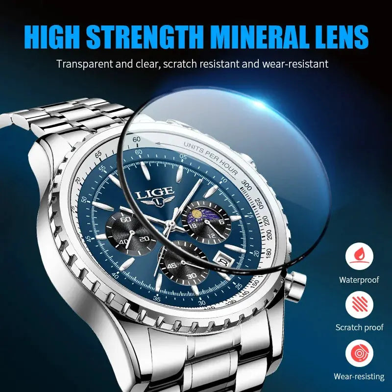 LIGE men's luxury chronograph watch with blue dial and stainless steel band; waterproof, date window, luminous hands.