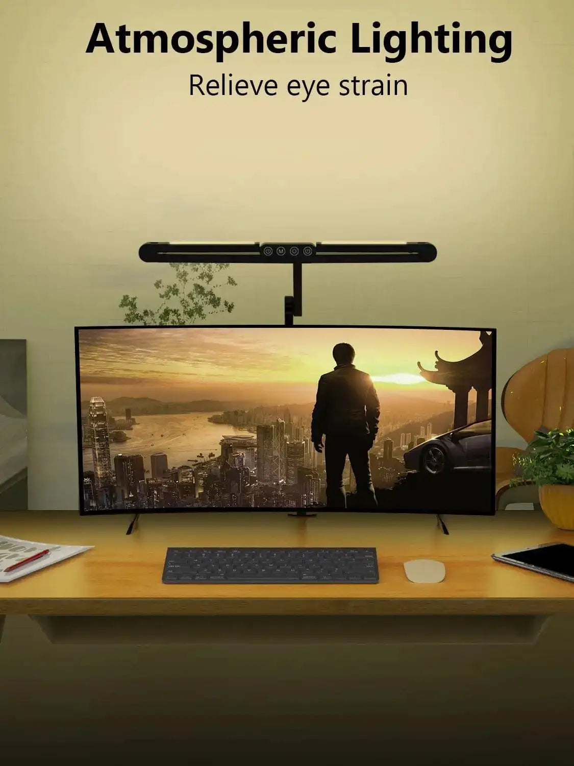 Led Desk Lamp with Clamp by Simples Market; black long bar with center control panel mounted over a computer monitor