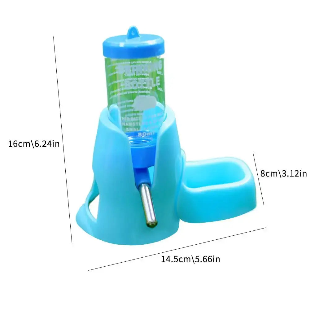 Blue hamster water feeder with automatic dispenser and food bowl, 16 cm tall
