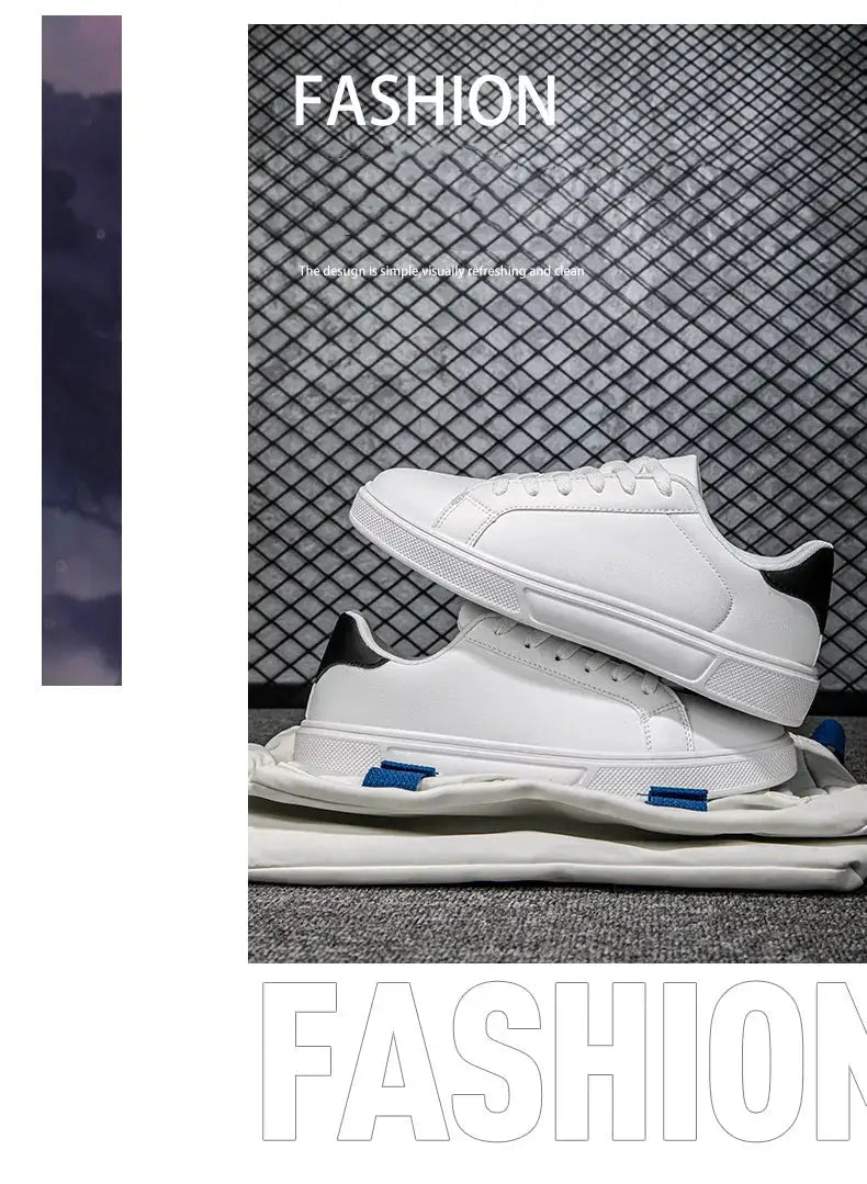 Men's white PU leather sneakers with black heel tab, casual vulcanized footwear pair