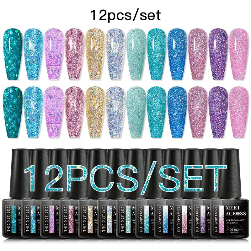 Meet Across 12pcs glitter gel nail polish set by Simples Market; assorted glitter shades for manicure