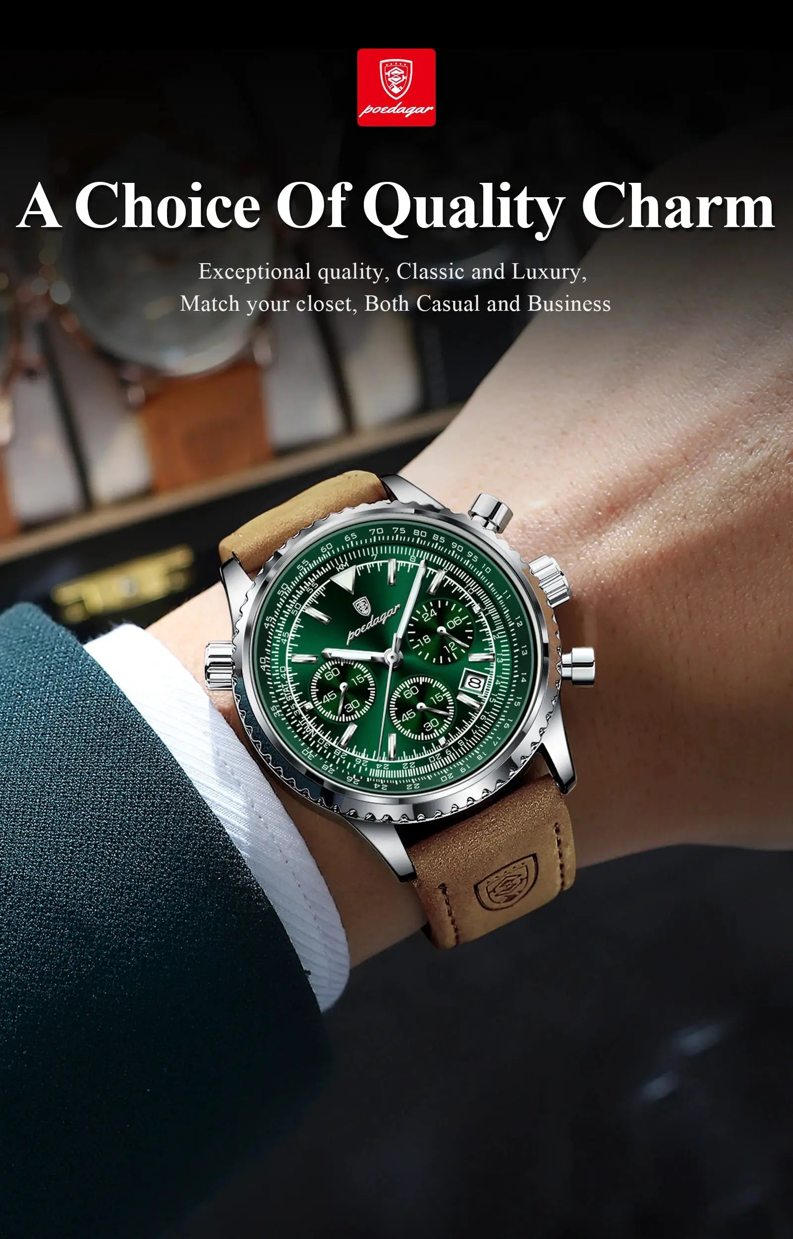 POEDAGAR men's wristwatch with green chronograph dial, stainless steel case and tan leather strap