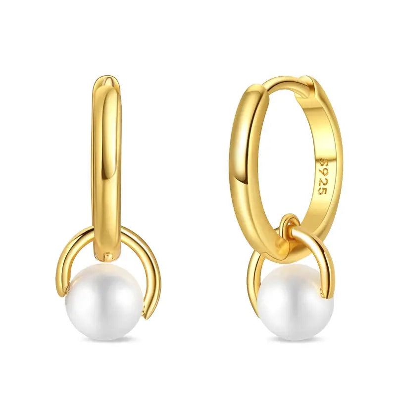 Pair of gold-tone hoop earrings with white pearl drops on S925 base