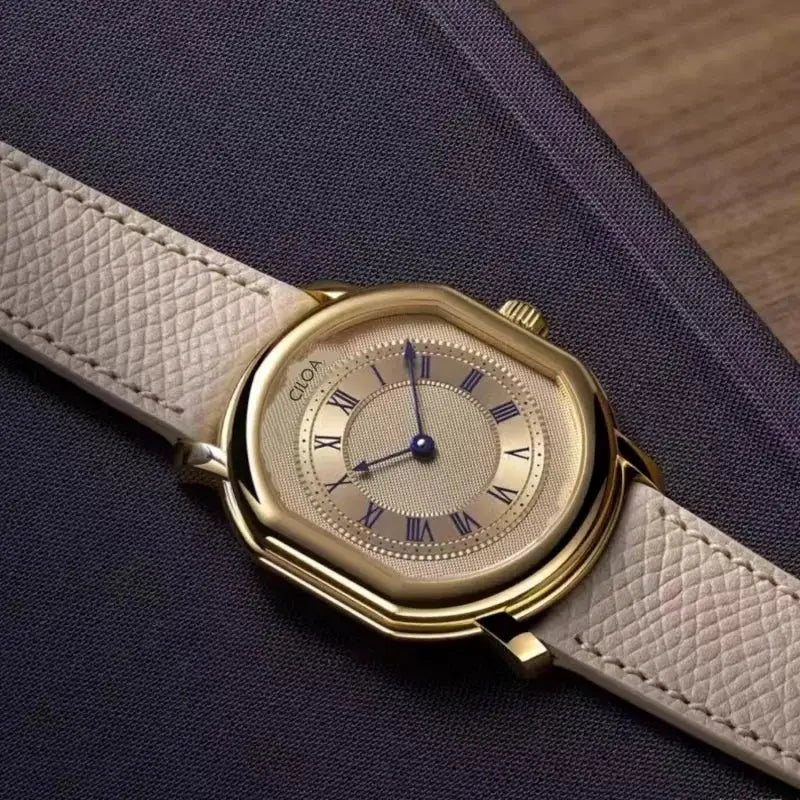 CILOA men's square tank watch with gold-tone case, beige leather strap, blue hands, Roman numeral dial