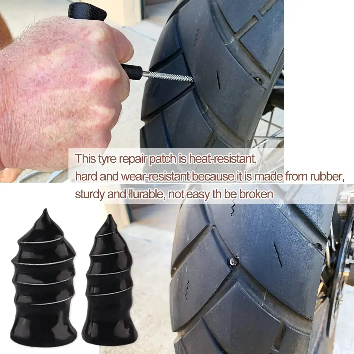 Simples Market tire repair kit with two black rubber plugs and insertion tool for car, truck, and motorcycle wheels