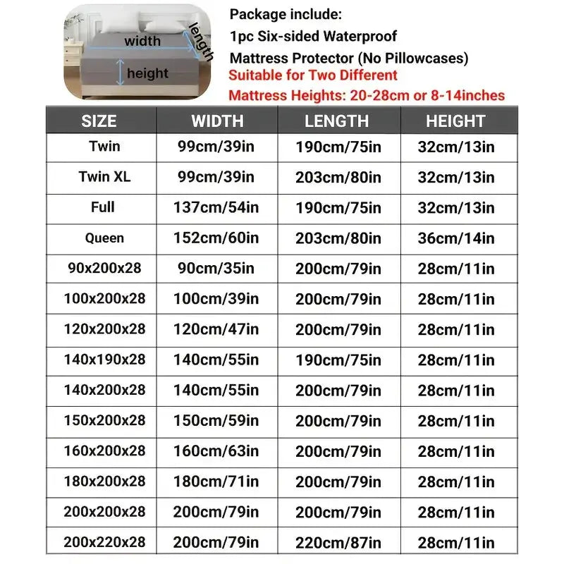 Simples Market 1pc six-sided waterproof mattress protector with zipper; size chart shows Twin–Queen sizes and mattress heights 20–28 cm.
