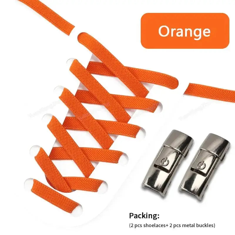 Orange press-lock no-tie shoelaces, 8mm widened flat elastic with metal buckles, pack of 2 laces and 2 buckles