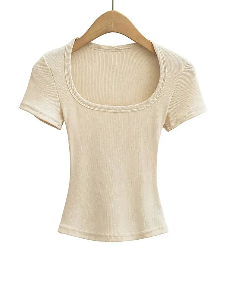 Womens Slim Fit Square Collar Crop Top High Stretch Short Sleeve Pullover Summer Blouse T Shirt For Layering