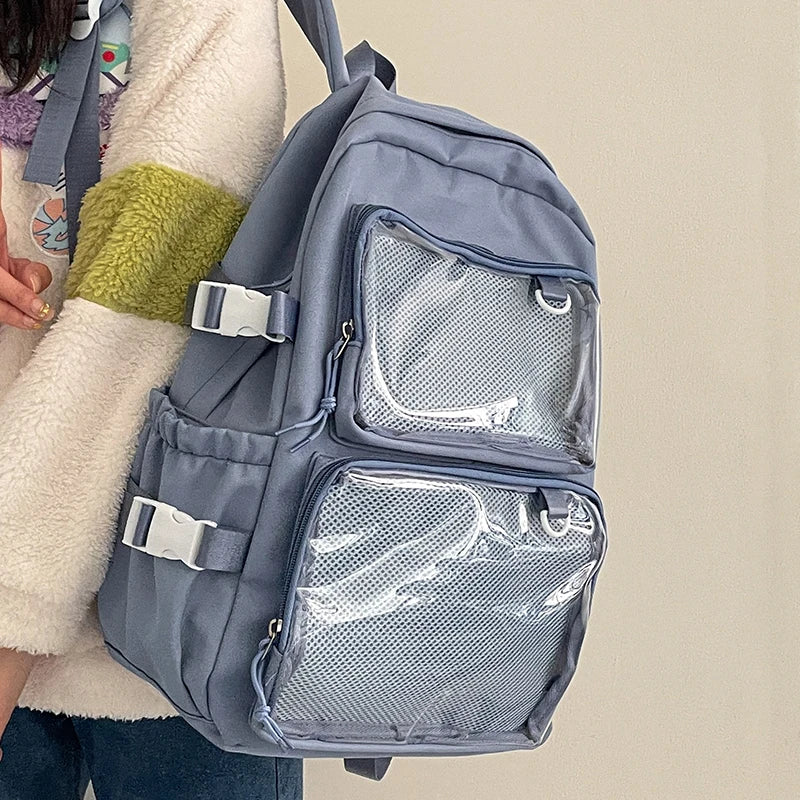 Simples Market Japanese Style Transparent Ita Bag backpack in blue-gray with clear mesh pockets, large capacity