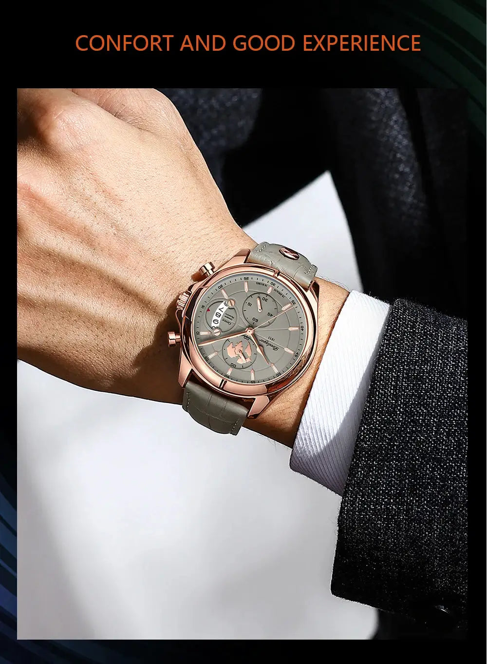 POEDAGAR men's chronograph watch with rose-gold case, grey dial, and grey leather strap