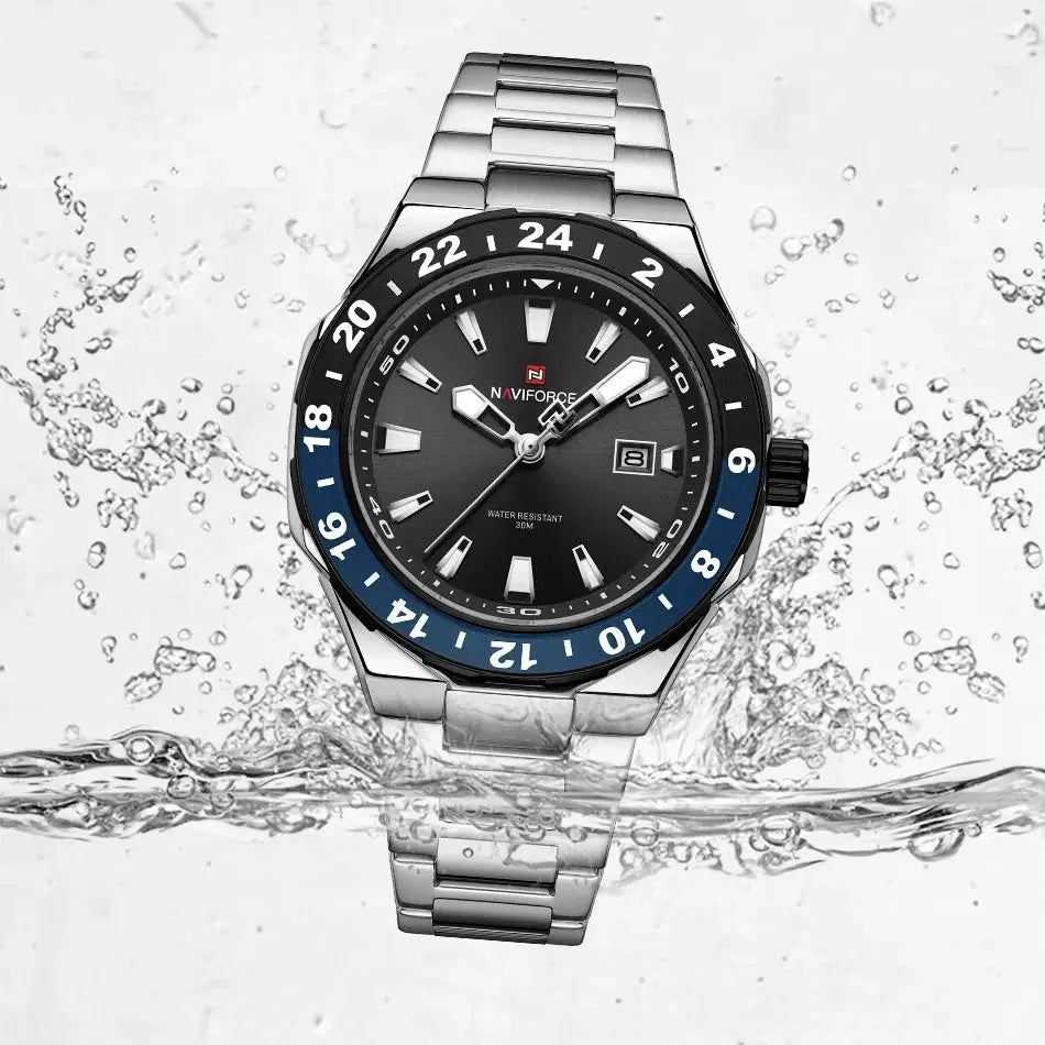 NAVIFORCE stainless steel men's watch with blue bezel