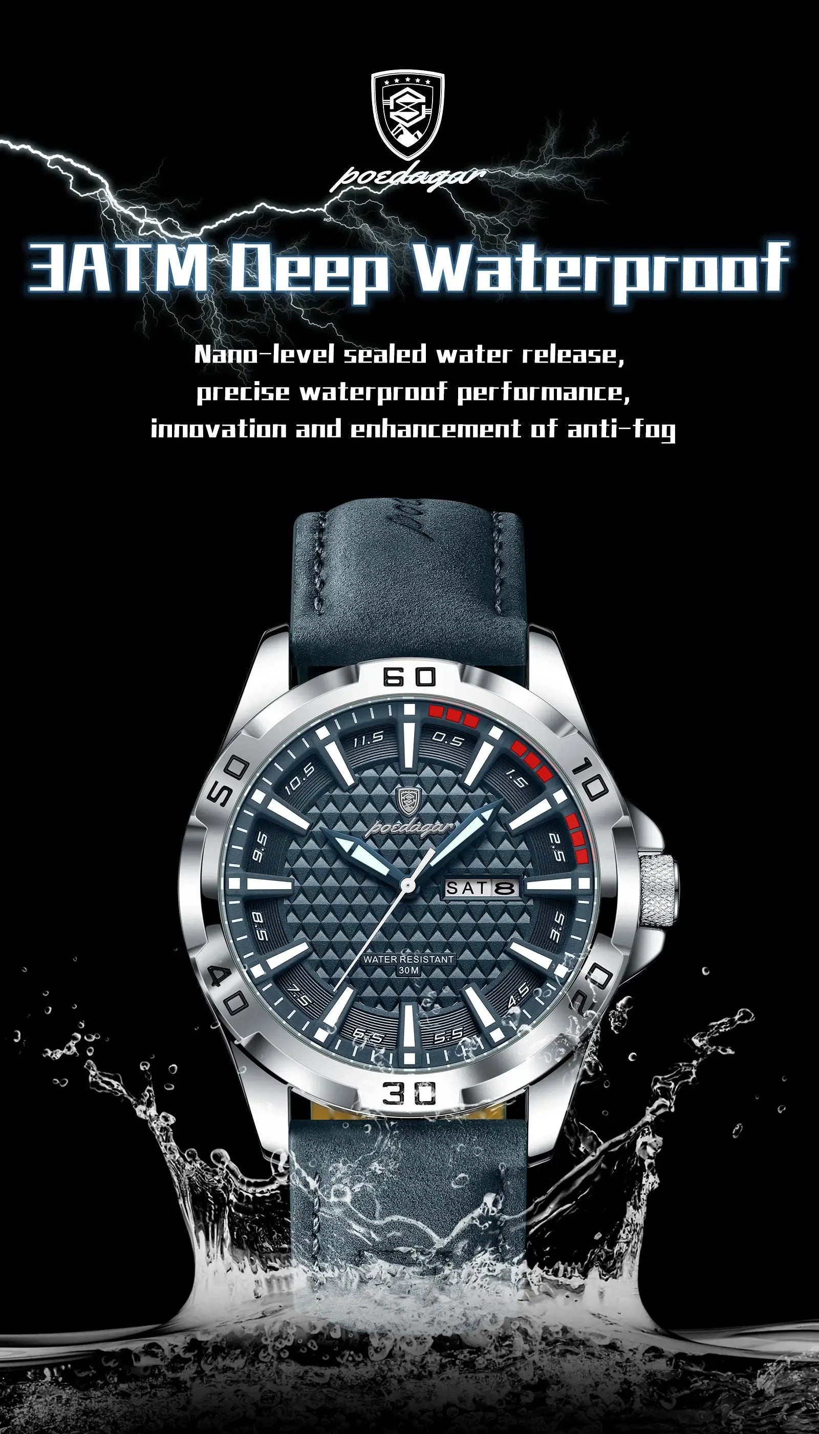 POEDAGAR men's wristwatch with blue patterned dial, steel case, blue leather strap, day-date, water resistant.