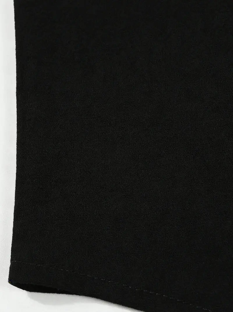 Men's sleeveless shirt: black cotton-linen fabric close-up showing the hem