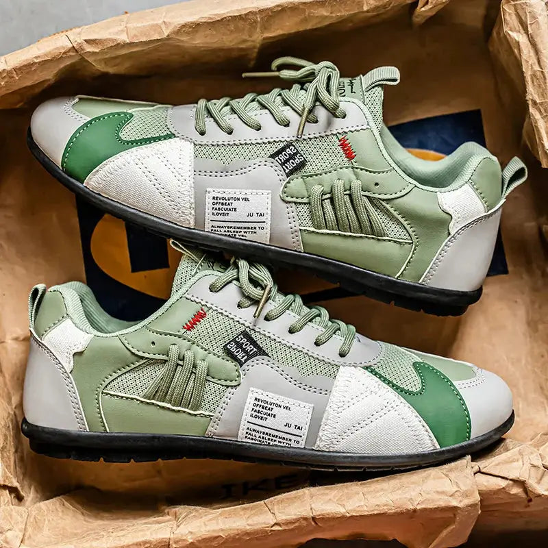 Men's hiking sneakers by Simples Market in green, gray, and white with black sole