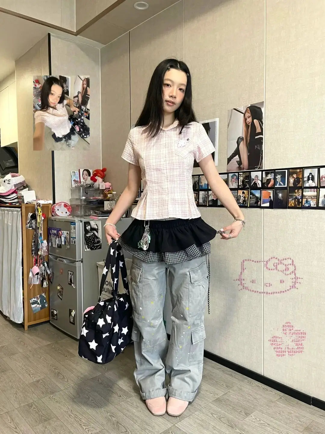 Genayooa Y2k plaid shirt for women, short-sleeve with pocket, pink check pattern.
