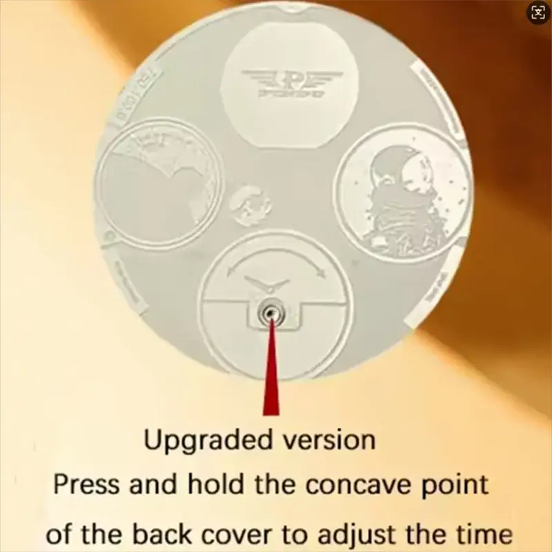 PINDU Design men's wristwatch; silver-toned round case with celestial engravings (back view)
