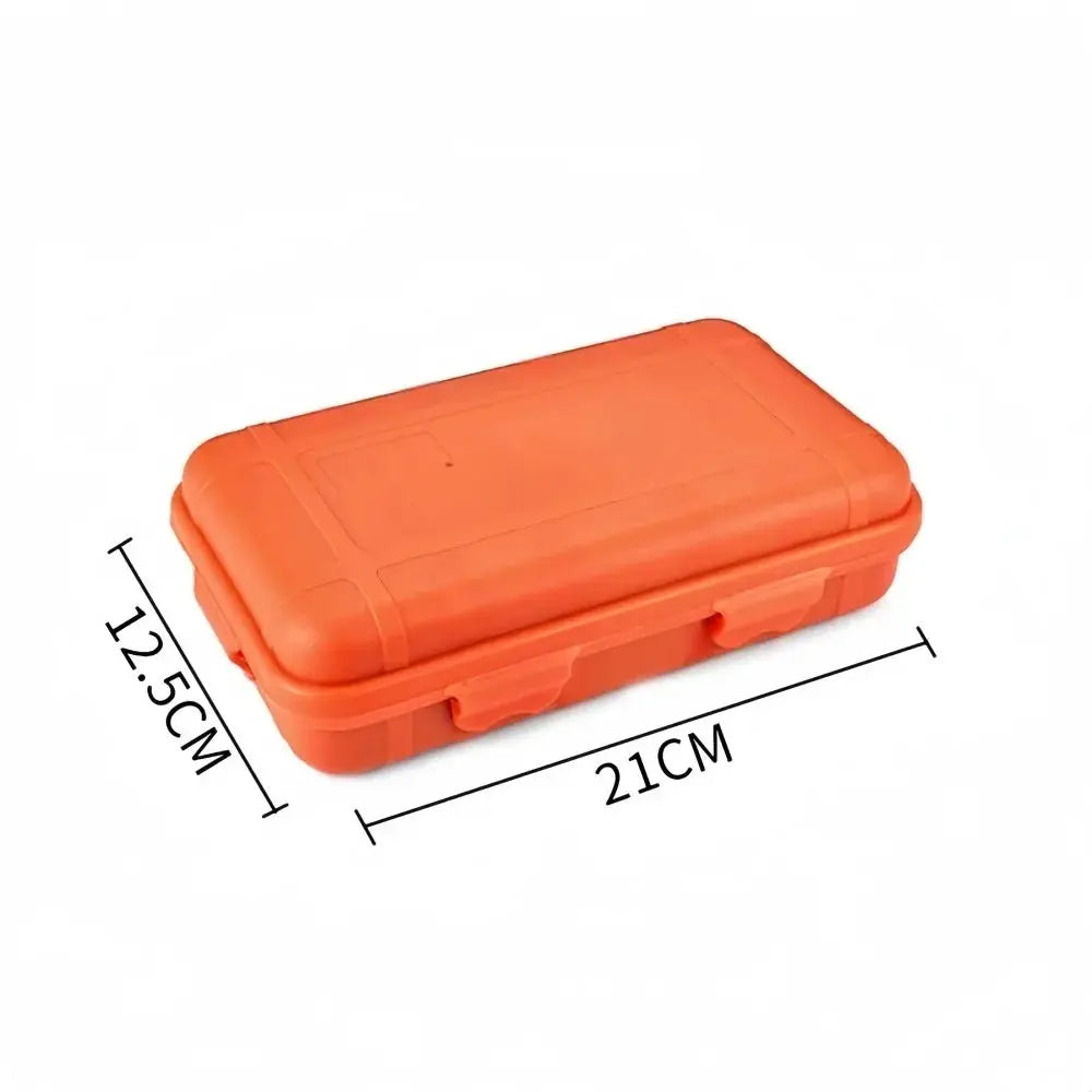 Survival box by Simples Market, orange plastic waterproof sealed storage container for outdoor camping, 21 cm long by 12.5 cm wide.