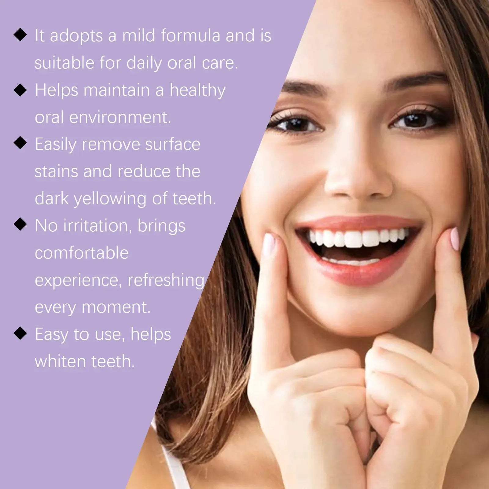 Simples Market teeth whitening toothpaste on a purple banner with a smiling woman.