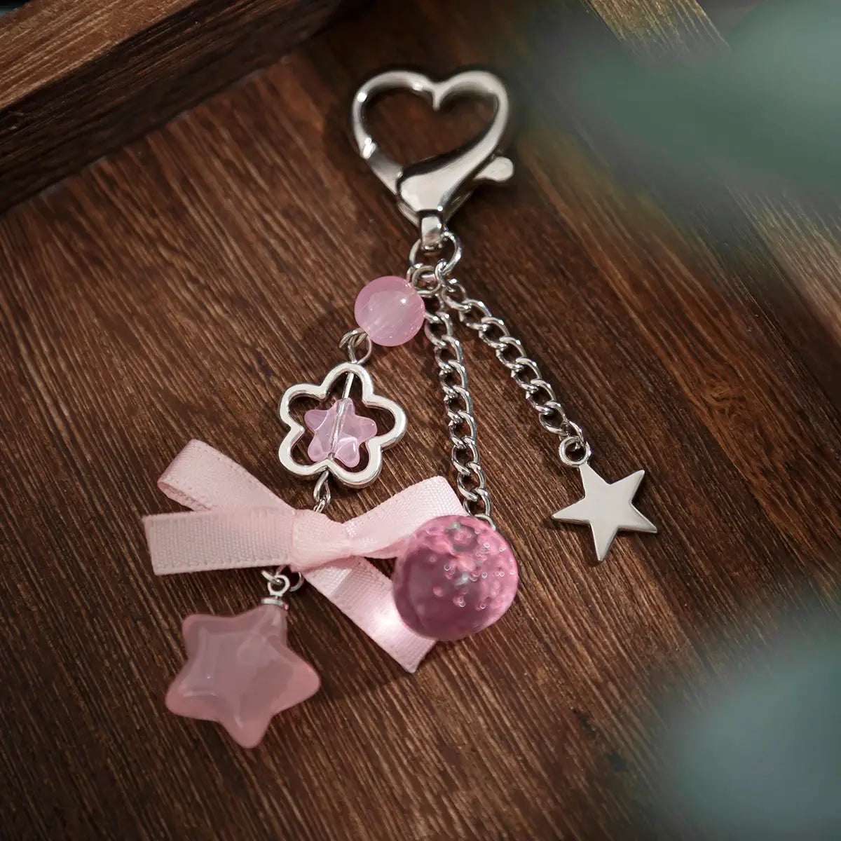 Ingemark Pink Bow Pentagram Pendant Keychain For Women With Glass Beads Silver Tone Jewelry Bag Charm New