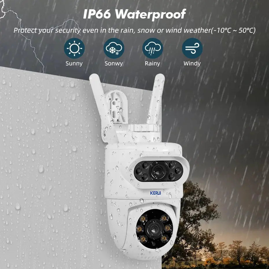 KERUI outdoor dual-lens WiFi IP camera with two antennas, white, IP66 waterproof for home security