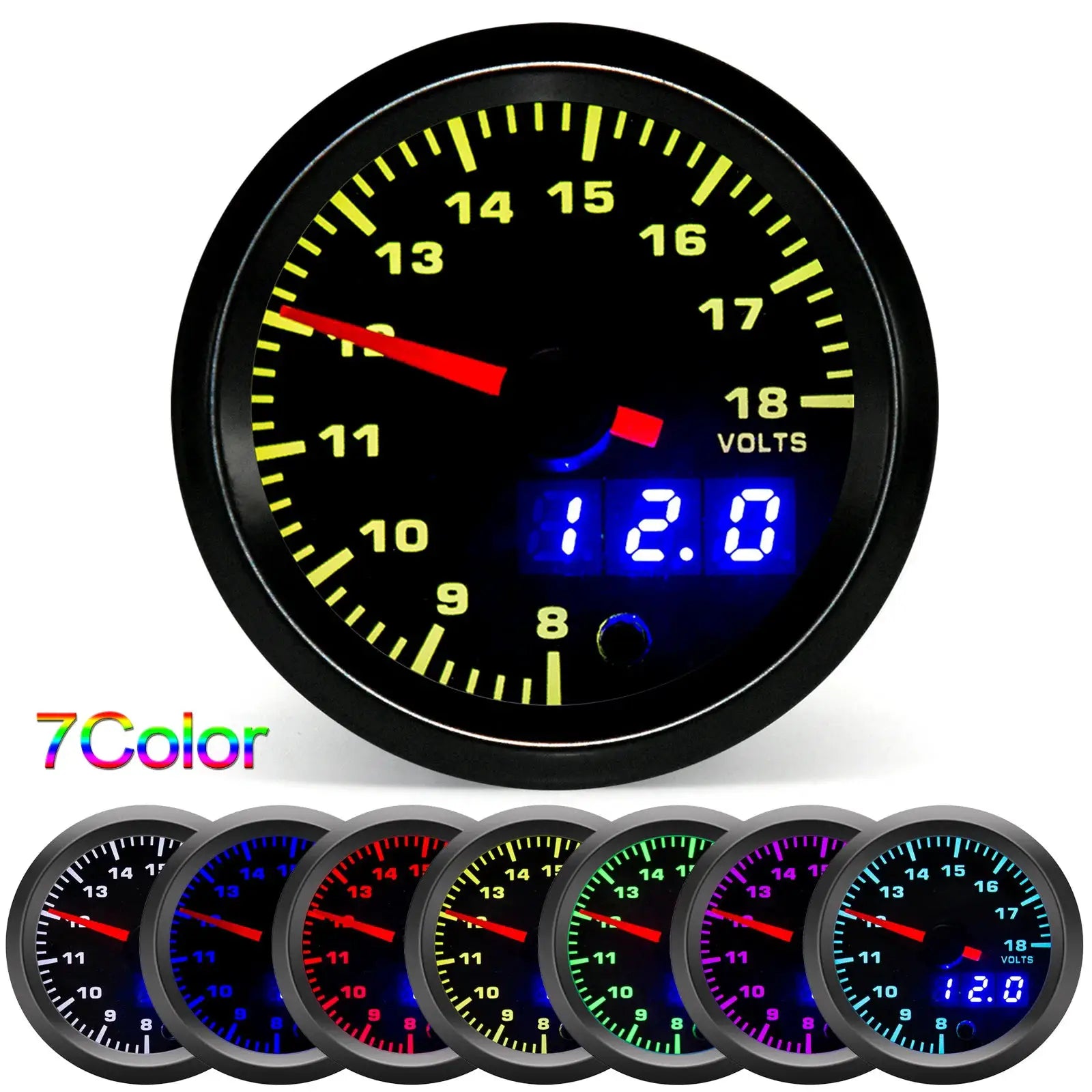 Simples Market 52mm LED dual-display gauge with yellow dial and blue digital readout; 7-color options available.