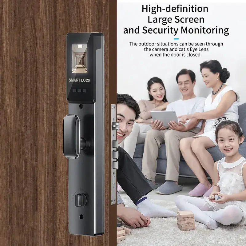 3D Face smart door lock with biometric touchscreen on dark metal body mounted on a wooden door