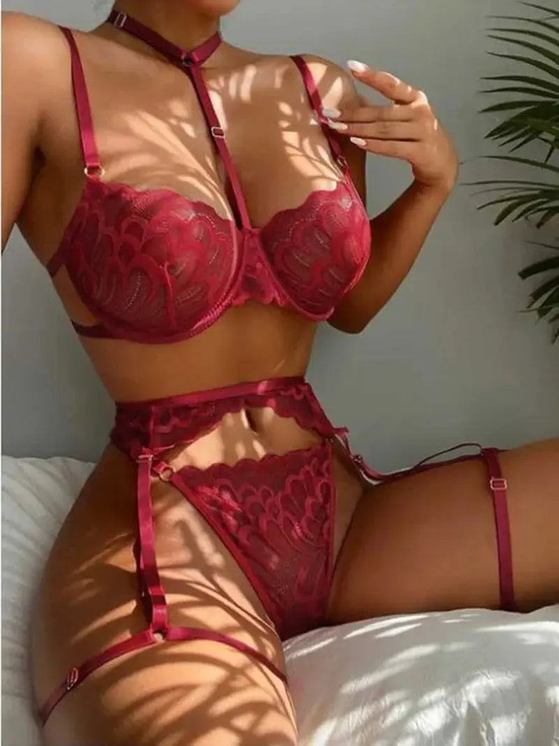 LuxeLace Seductive Underwire Lace Bra and Garter Set for Women Breathable Knit Comfort in Vibrant Color