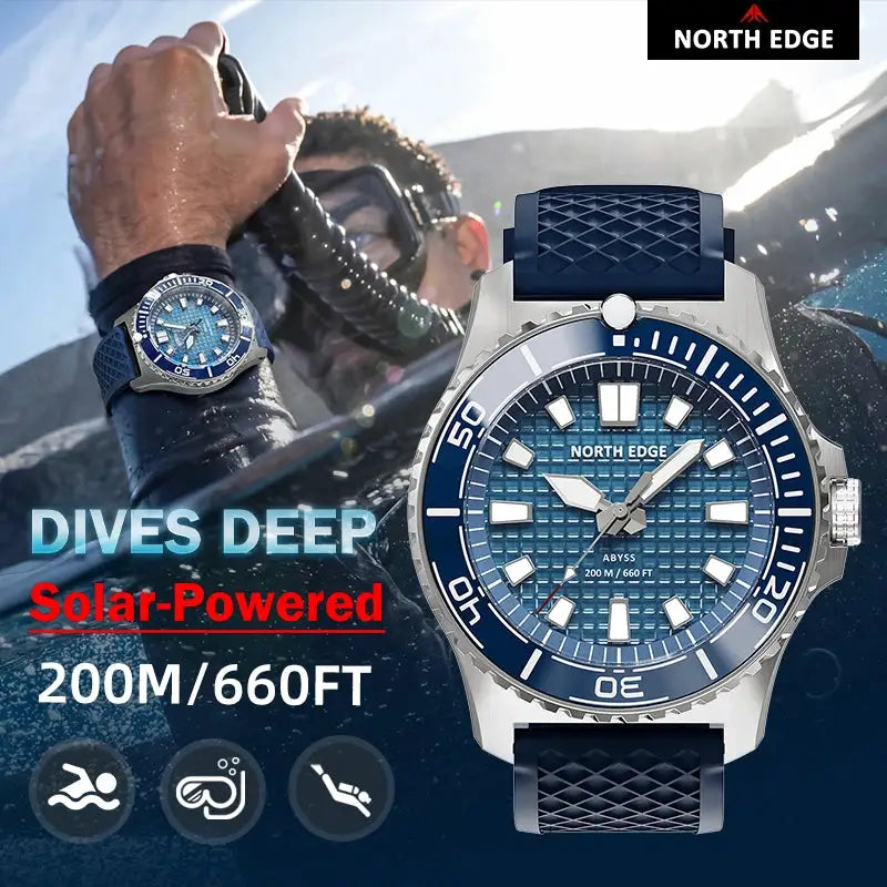 North Edge Abyss solar-powered diving watch with blue dial, 316L steel case, blue textured strap, 200m water resistance