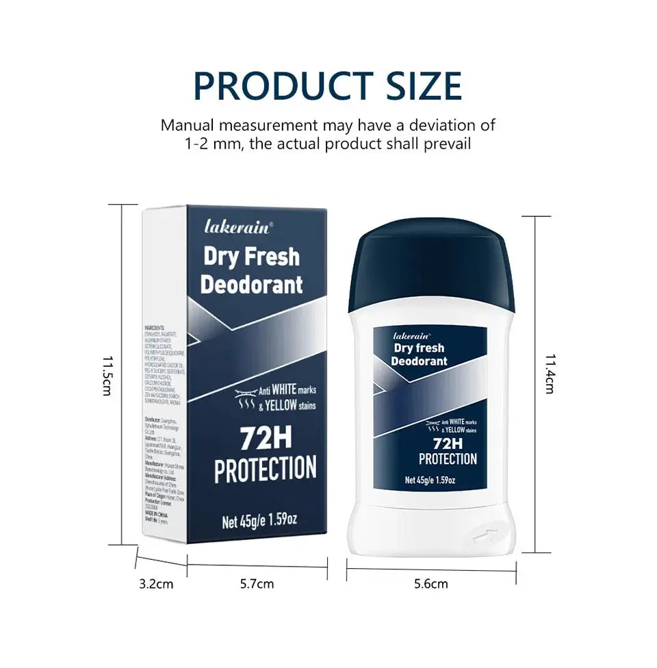 Lakerain Dry Fresh Deodorant box and white bottle with blue cap, 72H protection.