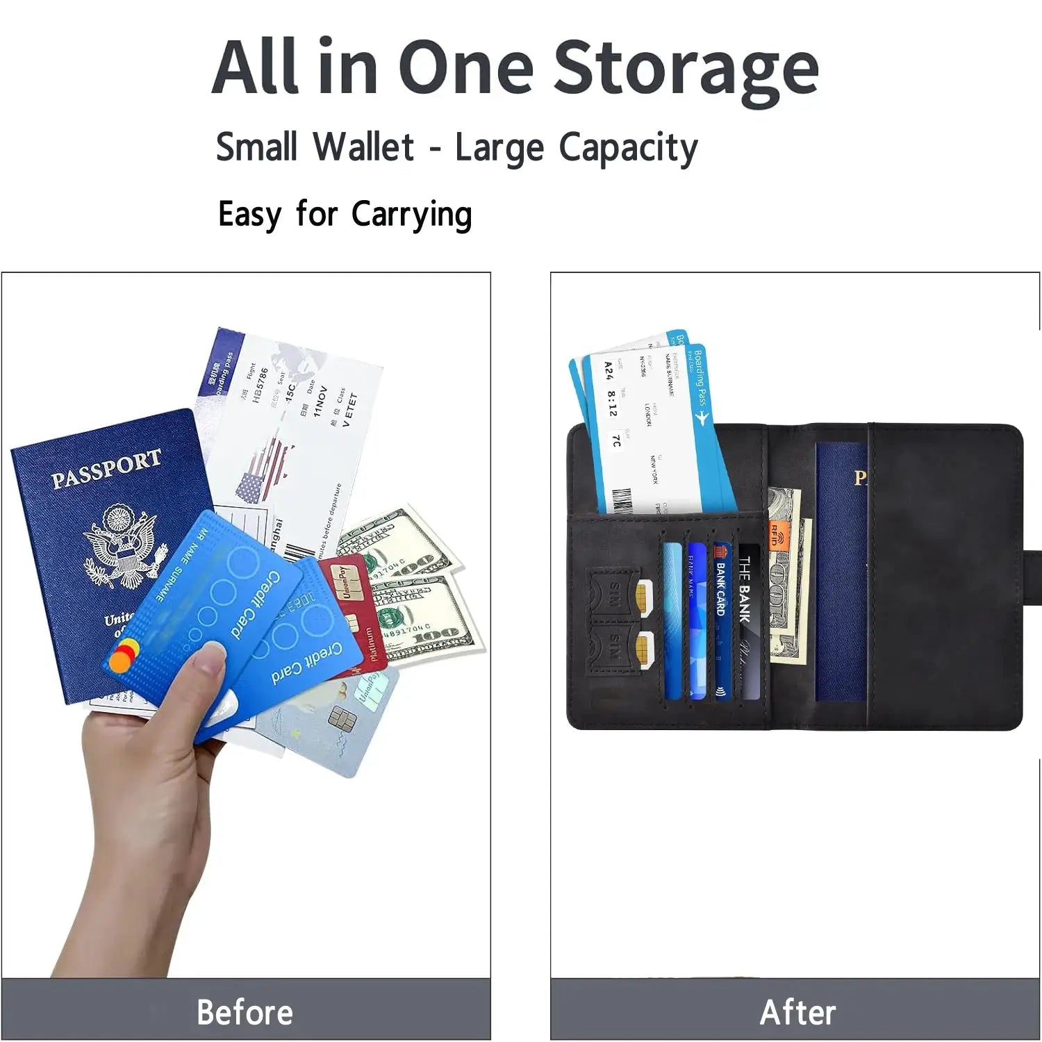 Simples Market black leather passport holder wallet with card slots and currency pockets