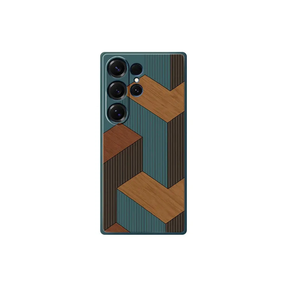 Geometric wooden-pattern phone case for Samsung Galaxy S26 Ultra by Simples Market in teal and brown blocks
