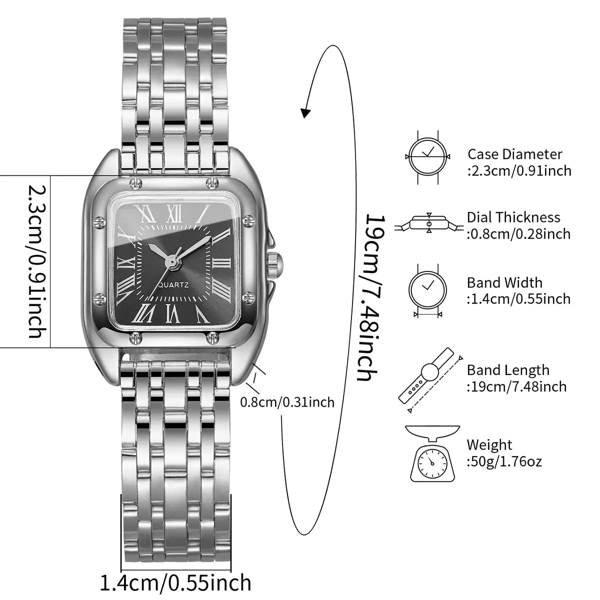 Luxury square women's quartz watch with silver metal band, Roman numeral dial, Simples Market